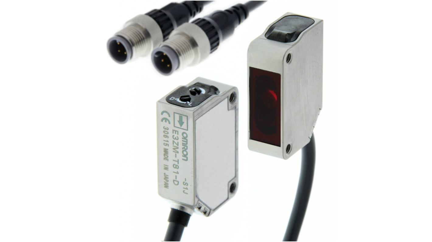 Omron E3ZM Kubisch Optischer Sensor, Durchgangsstrahl, Bereich 15 m, PNP Ausgang, Vorverdrahtete M12-Steckverbinder