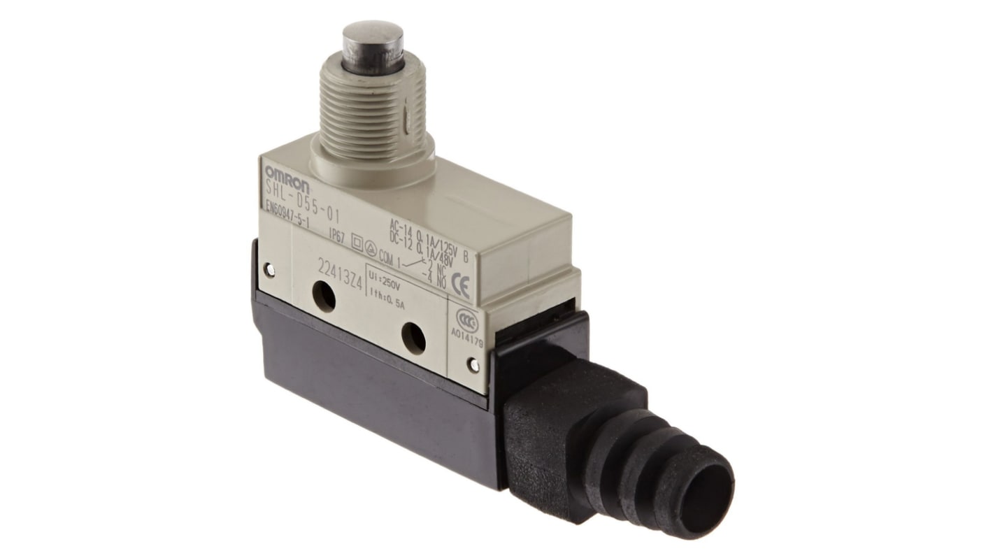 Omron Plunger Limit Switch, NO/NC, IP67, SPDT, Zinc Housing, 125V ac ac Max, 0.1A Max