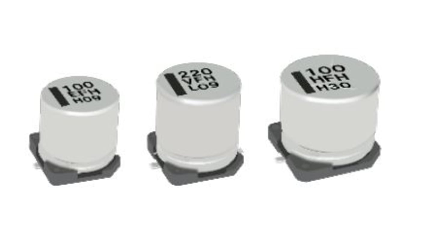 Condensador electrolítico Panasonic serie FH, 100μF, ±20%, 6.3V dc, mont. SMD, 6.3 x 7.7mm