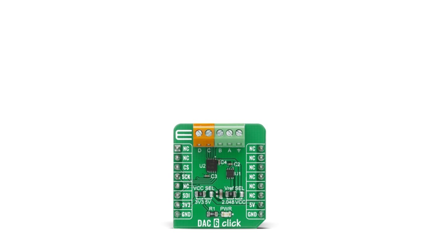 Kit di sviluppo analogico MikroElektronika DAC 6 Click, DAC a 10 bit per DAC104S085, MCP1501