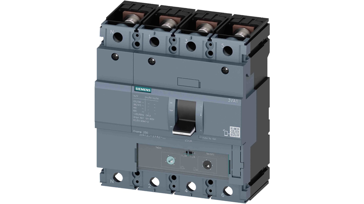 Siemens SENTRON 3VA1, Leistungsschalter MCCB 4-polig, 250A / Abschaltvermögen 70 kA 690V, Fest