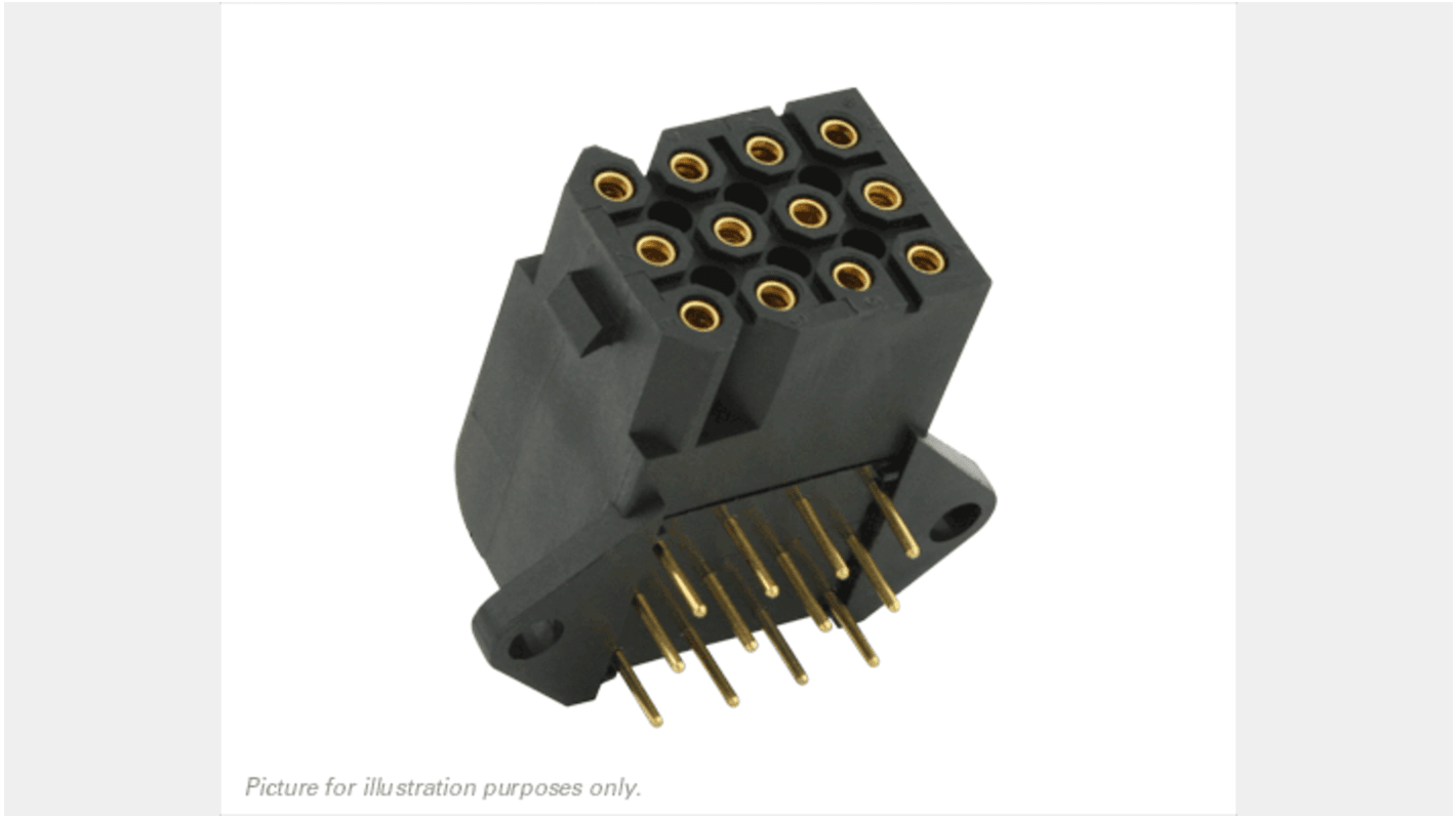 Conector hembra para PCB Ángulo de 90° Souriau serie SMS, de 12 vías en 4 filas, paso 5.08mm, Montaje en PCB, para