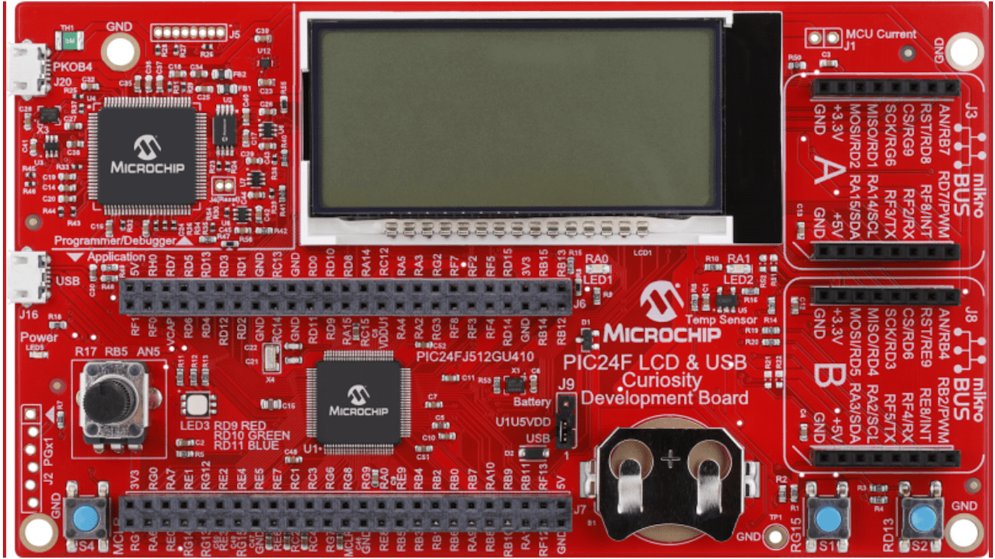 Placa de desarrollo PIC24F LCD and USB Curiosity de Microchip, con núcleo MCU de 16 bits