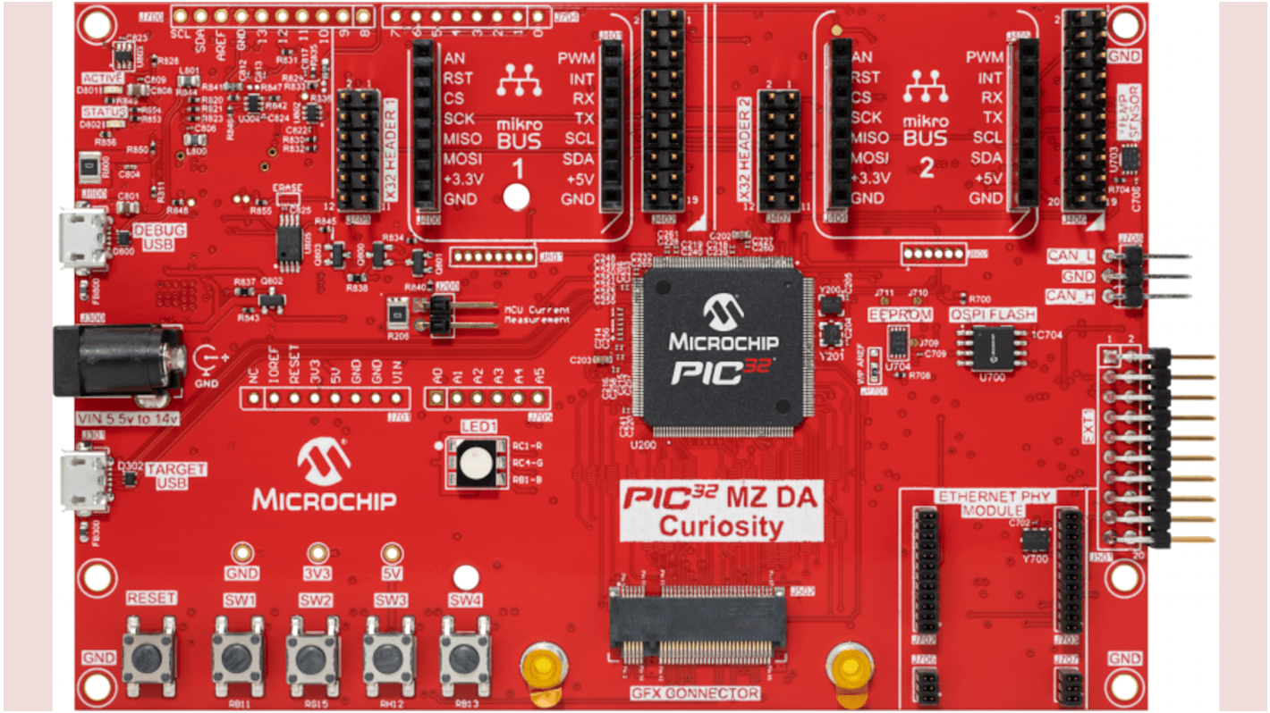 Placa de desarrollo PIC32MZ DA Curiosity de Microchip, con núcleo MCU de 32 bits