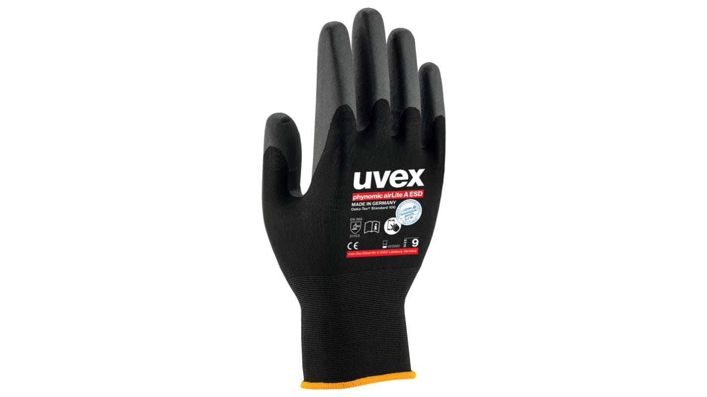 Uvex Black Elastane, Polyamide ESD Safety Anti-Static Gloves, Size 7, Small, Aqua Polymer Coating