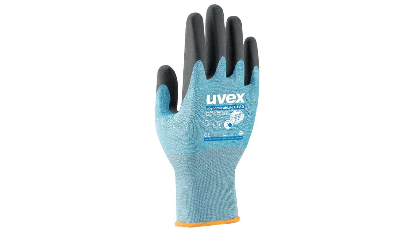 Guantes antiestáticos de Elastano, Poliamida Azul Uvex, talla 9, con recubrimiento de Polímero de agua, Seguridad ESD