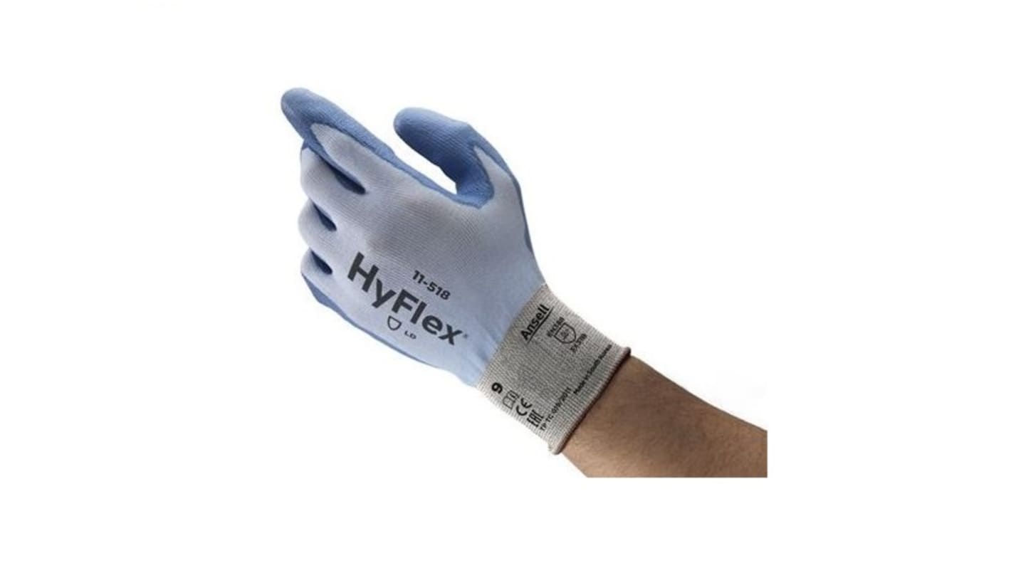 Ansell HyFlex 11-518 Blue Dyneema Cut Resistant Cut Resistant Gloves, Size 8, Medium, Polyurethane Coating