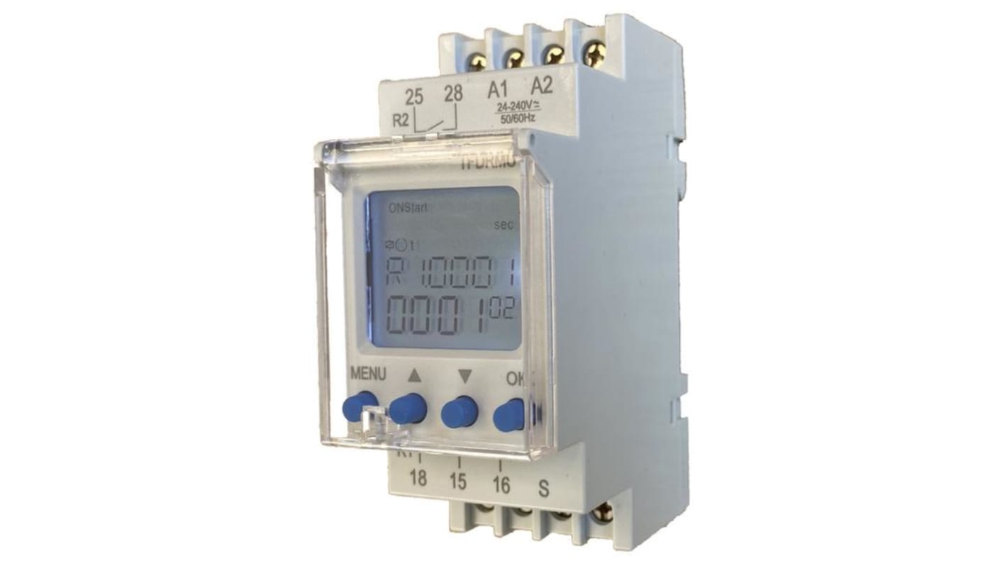 Tempatron TFDR Series DIN Rail Mount Timer Relay, 24 → 240V ac, 2-Contact, 0 → 9999 min, 0 →