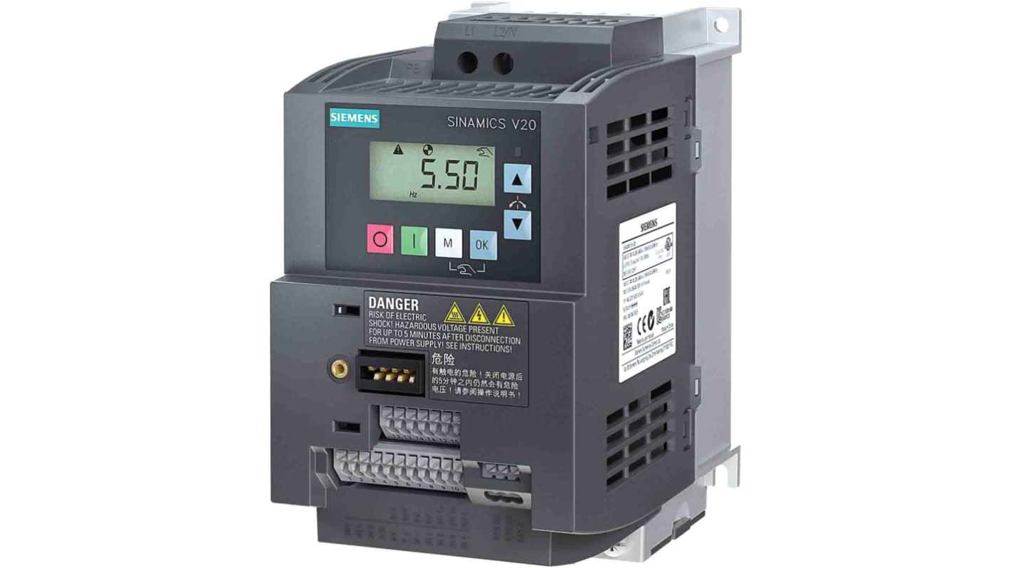 Siemens V20, 1-Phasen Frequenzumrichter 1,5 kW, 240 V ac / 7,8 A 550Hz für Wechselstrommotoren