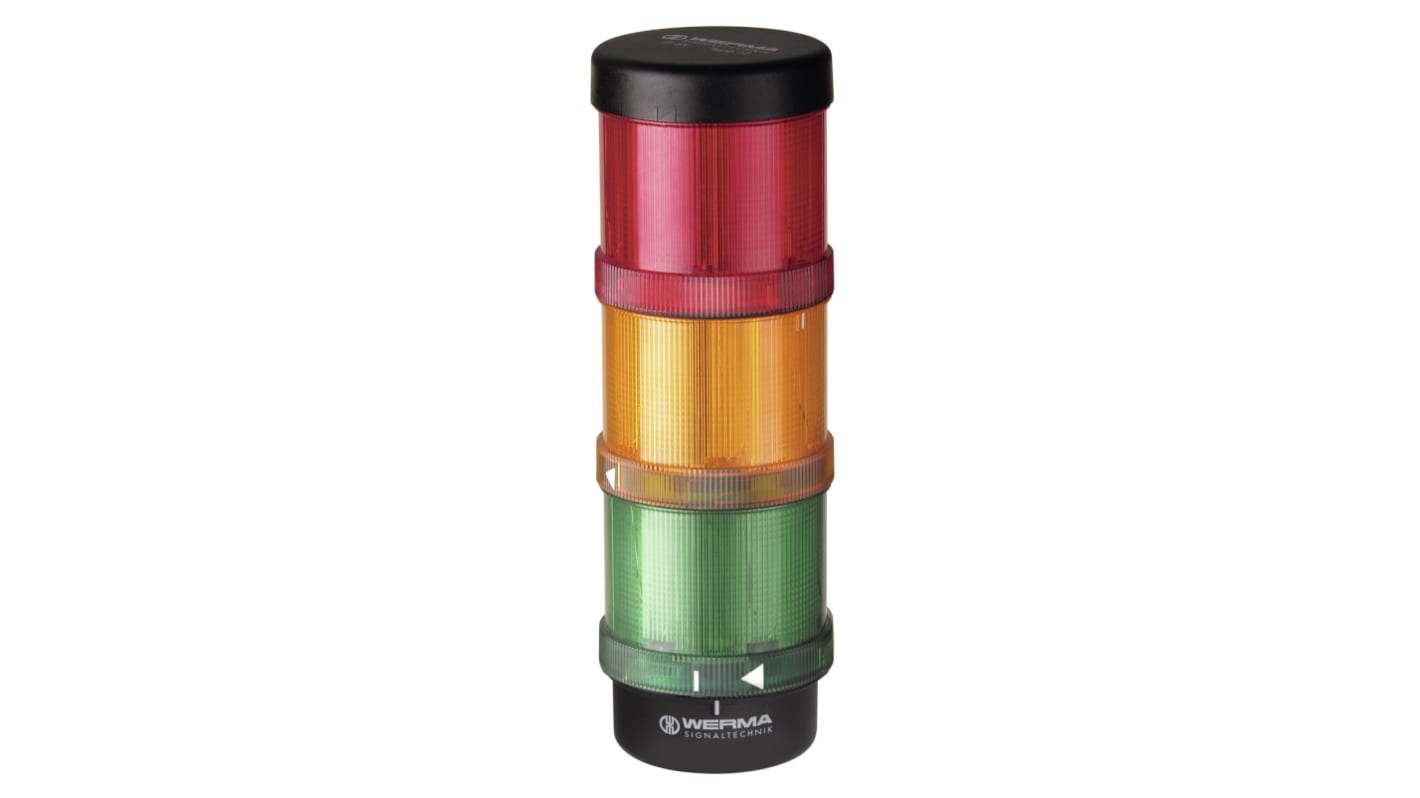 Werma KombiSIGN 72 Series Red/Green/Yellow Signal Tower, 3 Lights, 24 V, Base Mount, Wall Mount