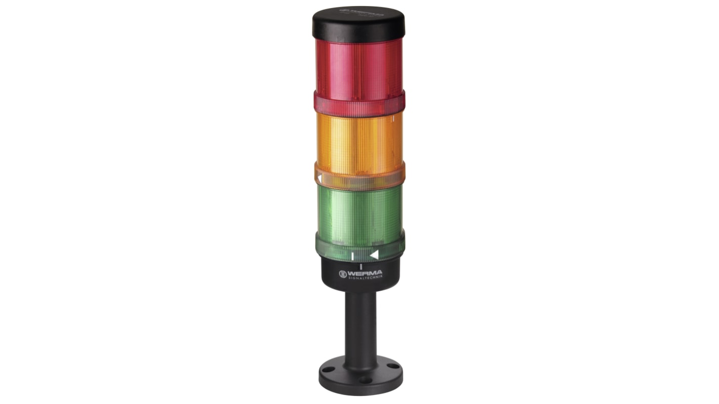 Werma KombiSIGN 72 Series Red/Green/Yellow Signal Tower, 3 Lights, 24 V, Base Mount