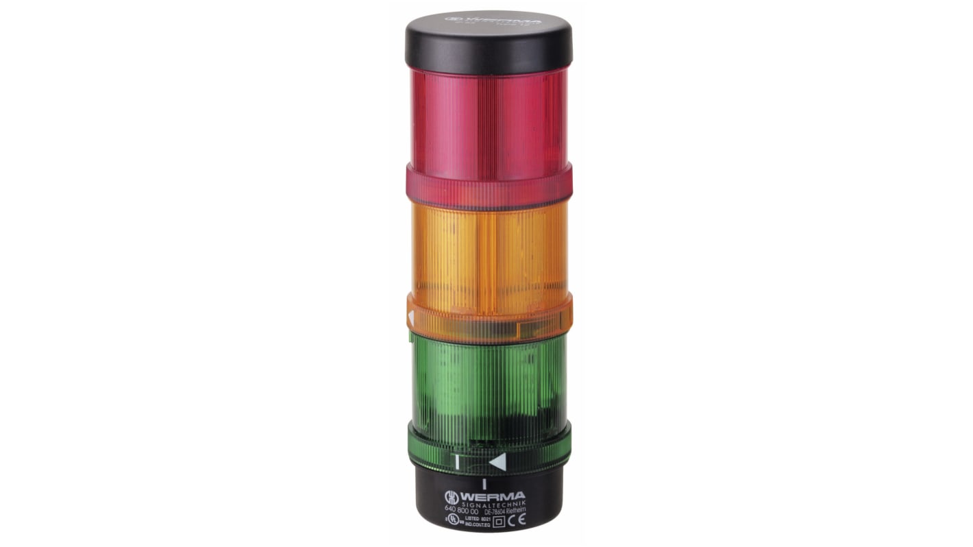 Werma KombiSIGN 71 Series Red/Green/Yellow Signal Tower, 3 Lights, 24 V, Base Mount, Wall Mount