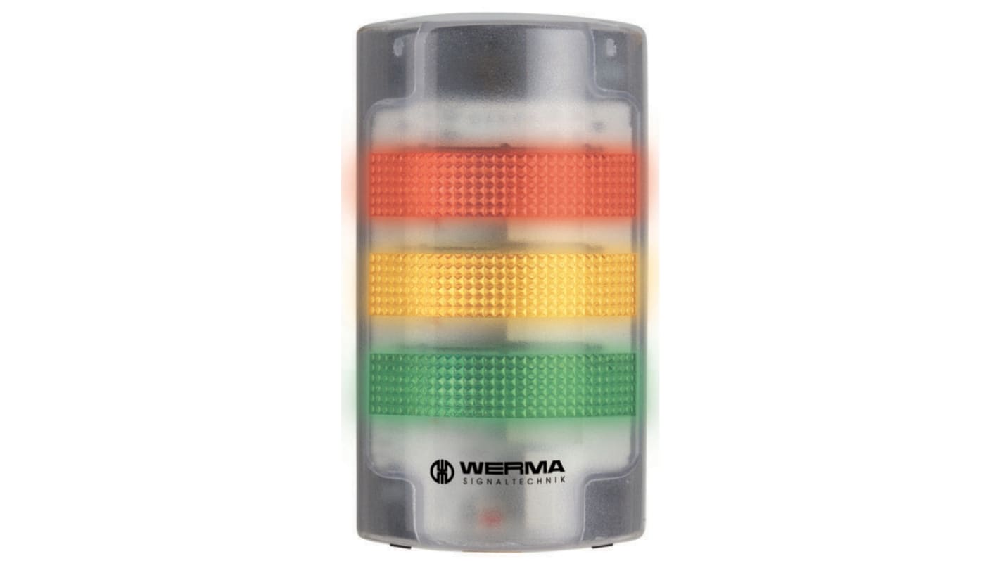 Torretta di segnalazione Werma, 24 V, LED, 3 elementi, lenti Rosso/Verde/Giallo, con Cicalino