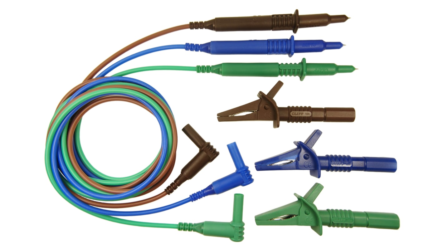 Kit de cables y puntas de prueba RS PRO, contiene 1 latiguillo negro, 1 adaptador de sonda Cat III azul, 1 pinza de