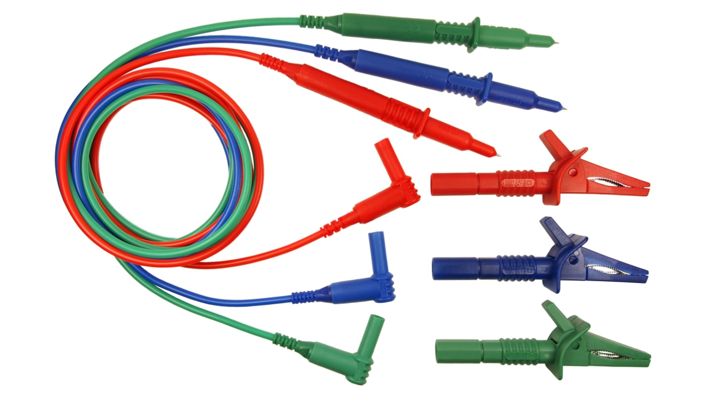 Sada zkušebních vodičů a konektorů: 1 modrý adaptér sondy CAT III, 1 modrá vysunutá nasunovací krokosvorka, 1 modrá
