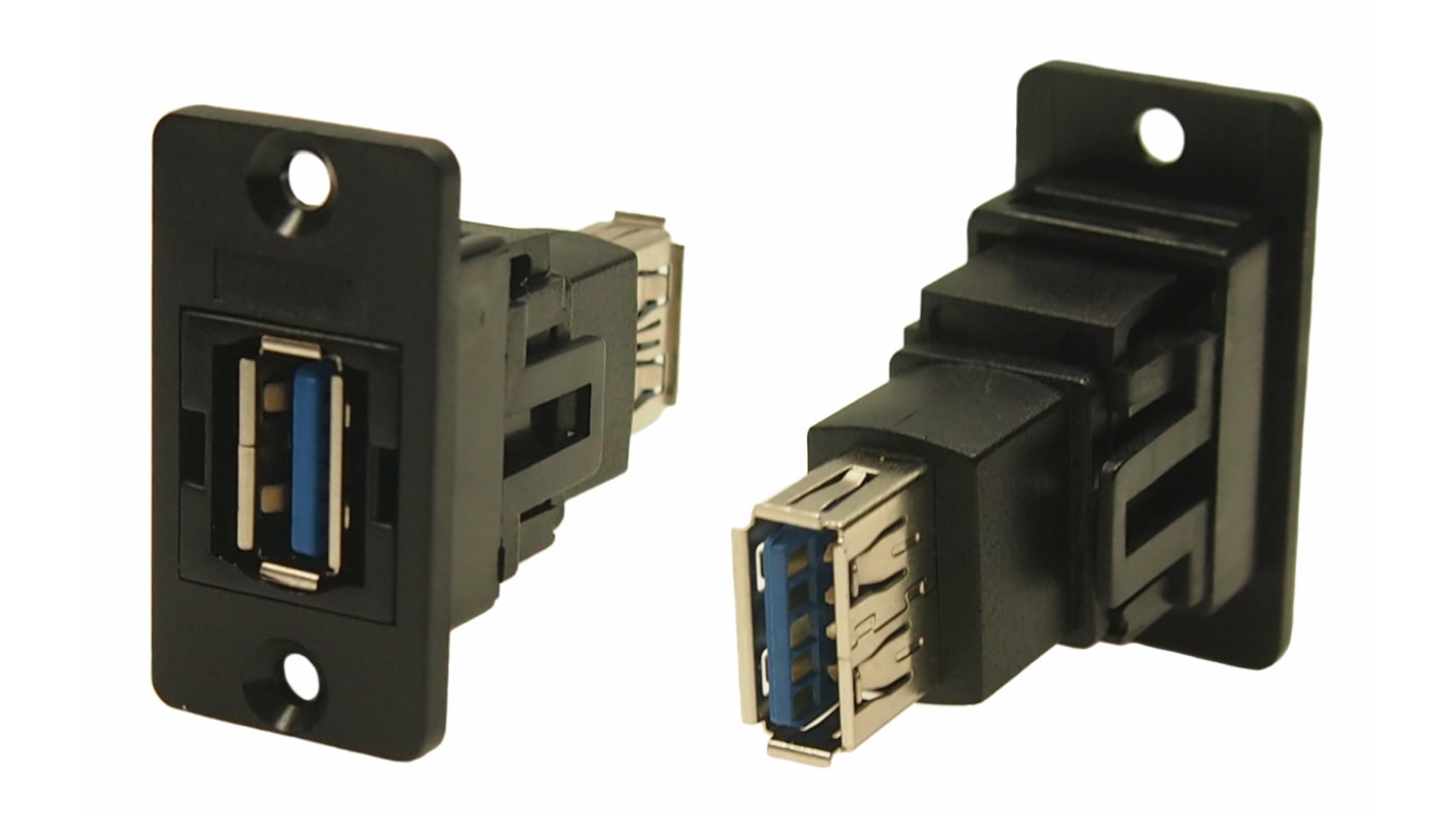 Conector USB RS PRO, Hembra a Hembra, 2 puertos, Recto, Montaje en Panel, Versión 3.0, 30 V ac, 1.8A
