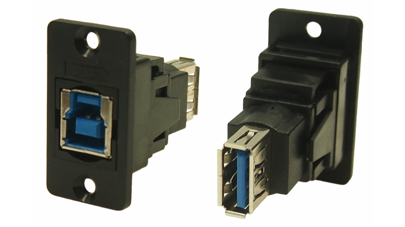 Conector USB RS PRO, Hembra a Hembra, 2 puertos, Recto, Montaje en Panel, Versión 3.0, 30 V ac, 1.8A