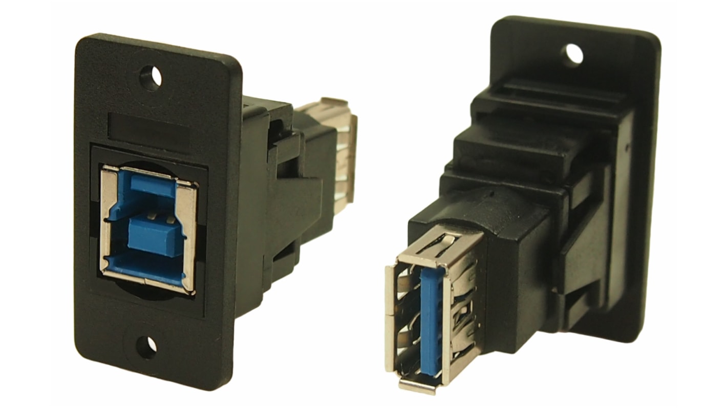 Conector USB RS PRO, Hembra a Hembra, 2 puertos, Recto, Montaje en Panel, Versión 3.0, 30 V ac, 1.8A