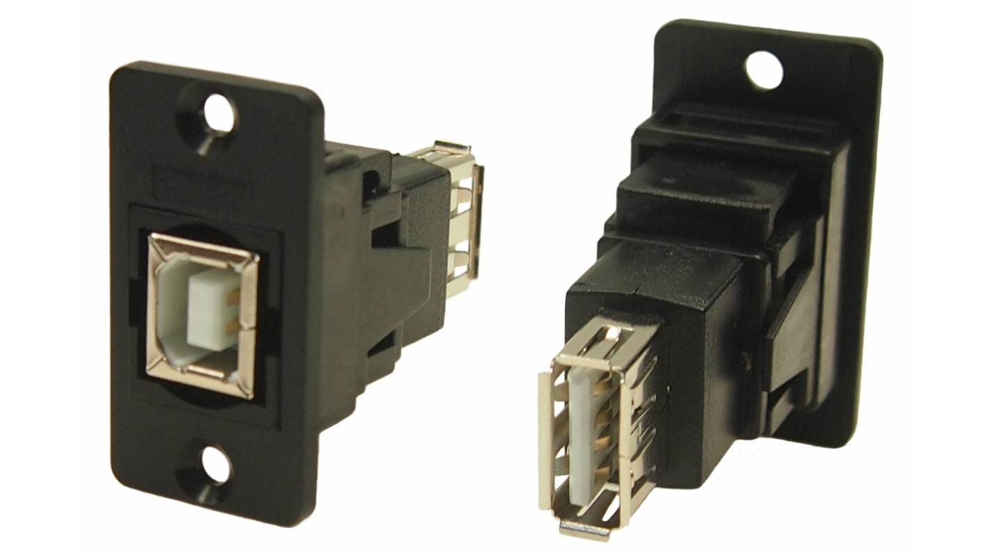 Conector USB RS PRO, Hembra a Hembra, 2 puertos, Recto, Montaje en Panel, Versión 2.0, 30 V ac, 1.5A