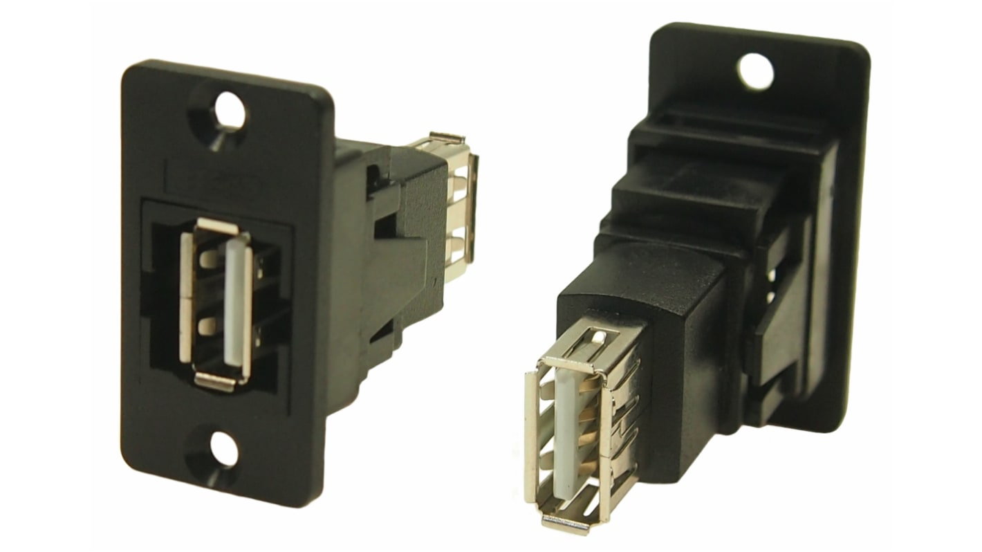 Conector USB RS PRO, Hembra a Hembra, 2 puertos, Recto, Montaje en Panel, Versión 2.0, 30 V ac, 1.5A