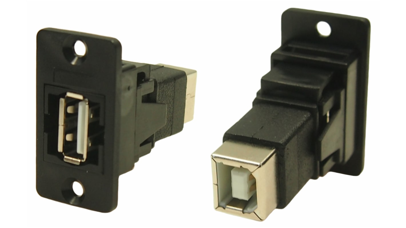 Conector USB RS PRO, Hembra a Hembra, 2 puertos, Recto, Montaje en Panel, Versión 2.0, 30 V ac, 1.5A