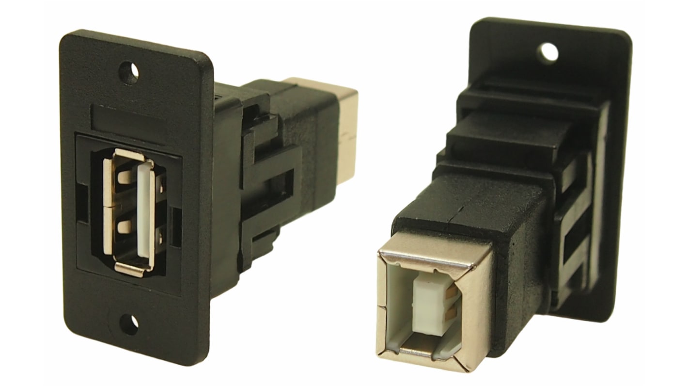 Conector USB RS PRO, Hembra a Hembra, 2 puertos, Recta, Montaje en Panel, Versión 2.0, 30 V ac, 1.5A