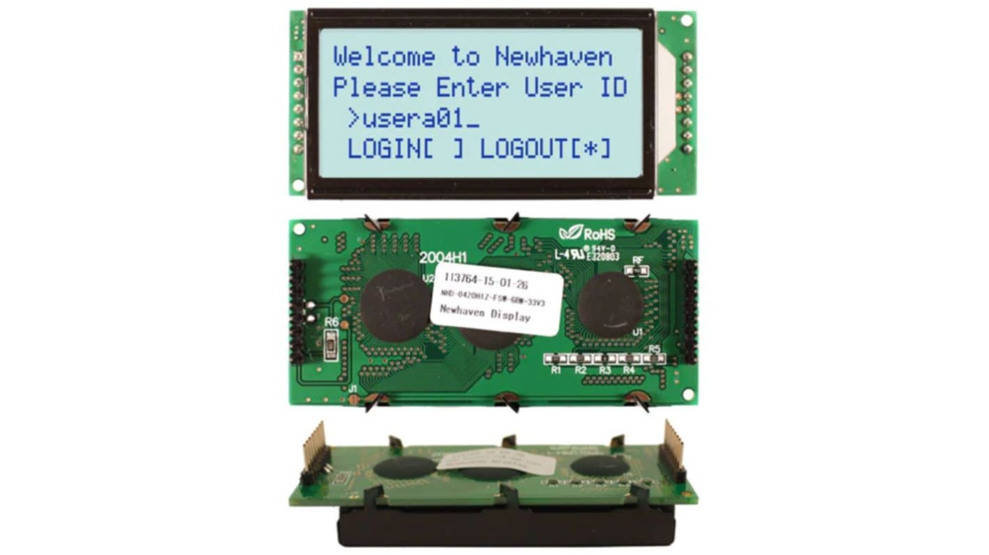 NEWHAVEN DISPLAY INTERNATIONAL NHD-0420H1Z-FSW-GBW-33V3 NHD LCD LCD Alphanumeric Display, White on Green, 4 Rows by 20