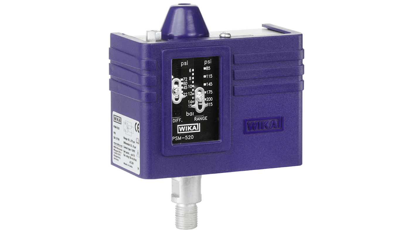 Presostato WIKA, 0bar → 7bar, 230 V, salida SPDT, para Aire, aceite, agua, IP30