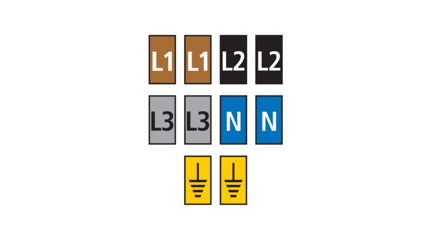 HellermannTyton WIC Snap On Clip On Cable Marker, assorted colours, Pre-printed "Earth Symbol, L1, L2, L3, N", 2.8