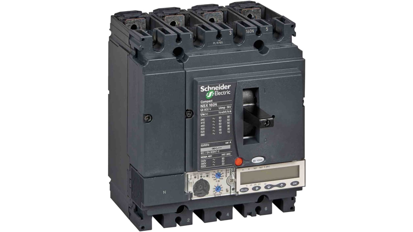 MCCB Schneider Electric, 4 Polos, 160A, Capacidad de Ruptura 50 kA, Montaje fijo, NSX, LV4