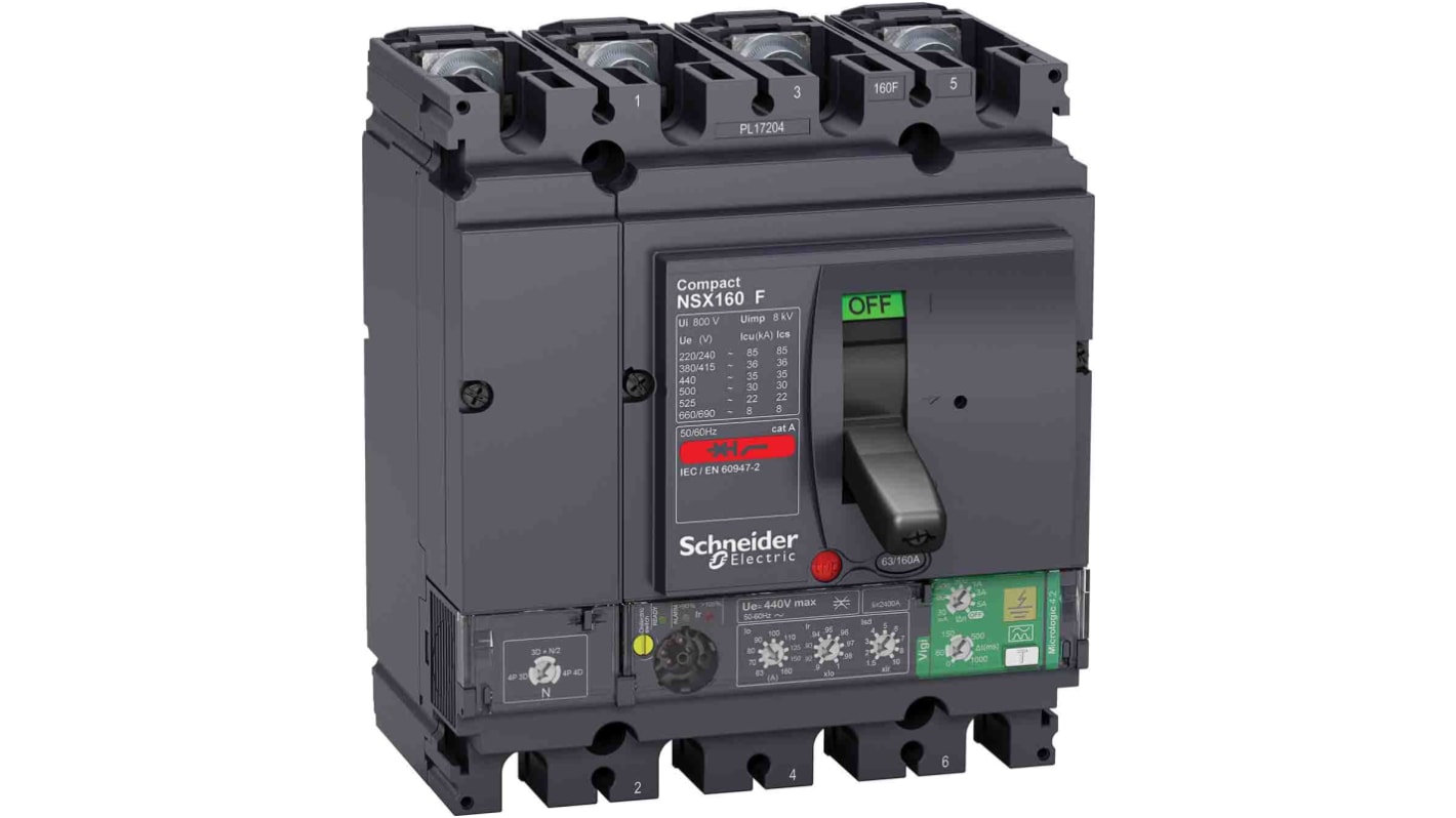 MCCB Schneider Electric, 4 Polos, 140A, Capacidad de Ruptura 36 kA, Montaje fijo, NSX, LV4