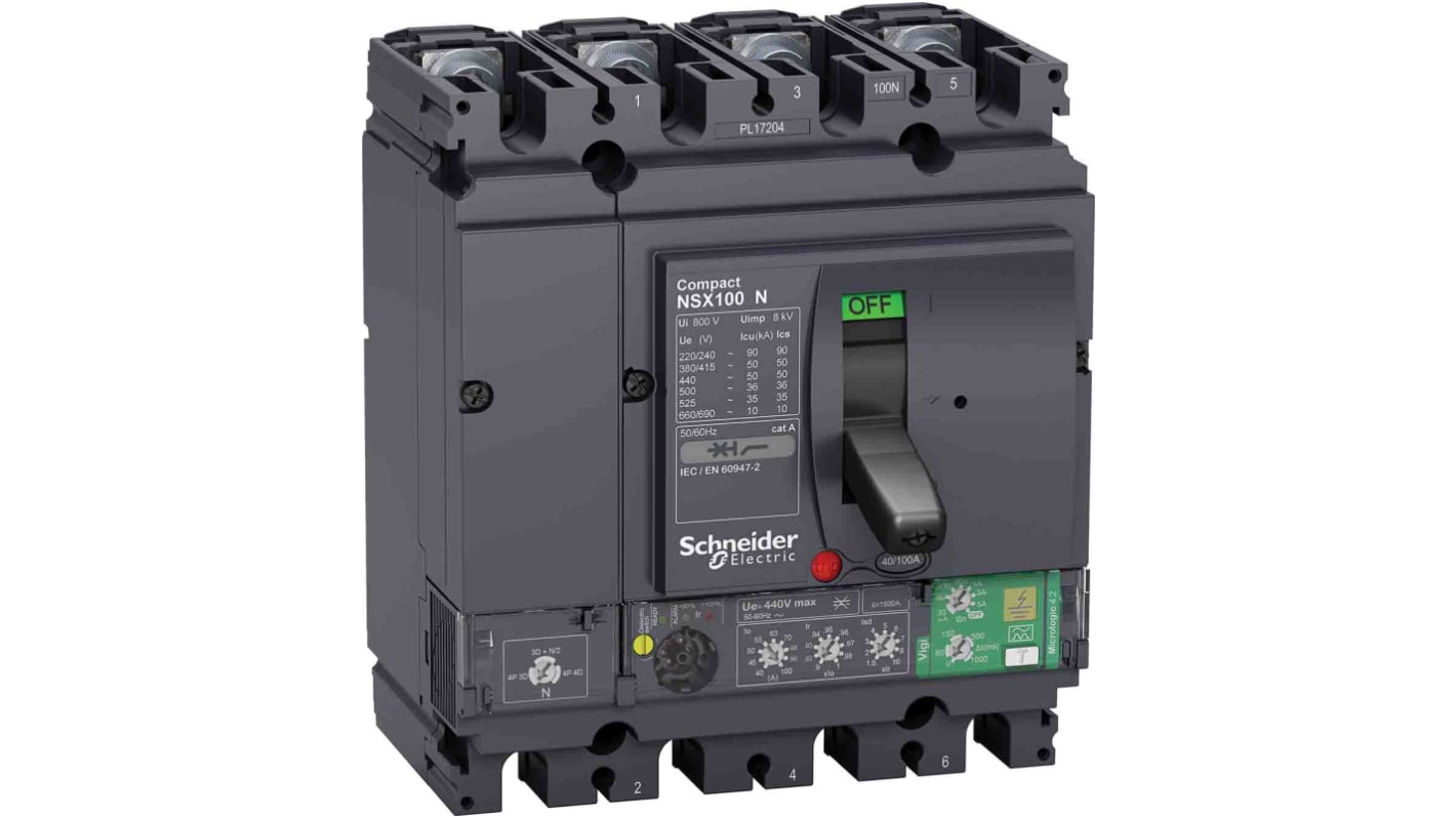 MCCB Schneider Electric, 4 Polos, 100A, Capacidad de Ruptura 50 kA, Montaje fijo, NSX, LV4