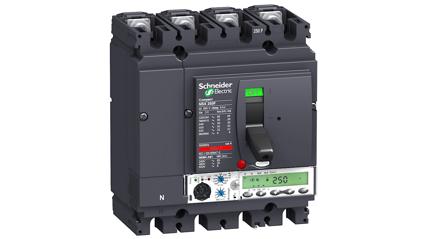 Schneider Electric, ComPacT NSX MCCB 4P 250A, Breaking Capacity 36 kA, Fixed Mount