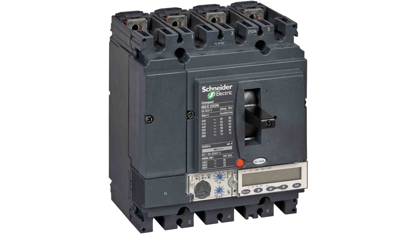 Schneider Electric, ComPacT NSX MCCB 4P 250A, Breaking Capacity 50 kA, Fixed Mount