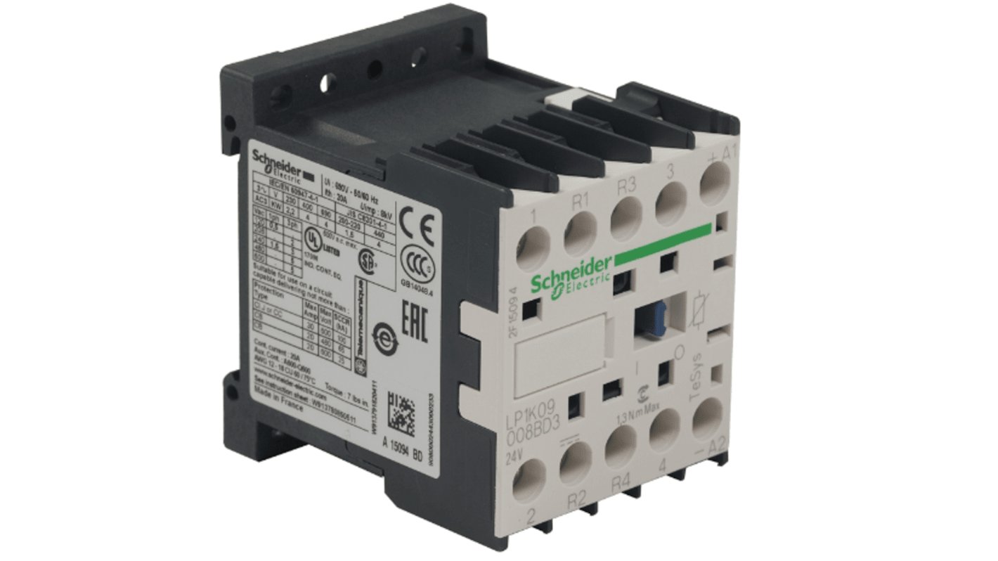 LP1K09008BD3 Schneider Electric TeSys K Contactor, 24 V Coil, 4Pole, 20 A, 2NO + 2NC RS