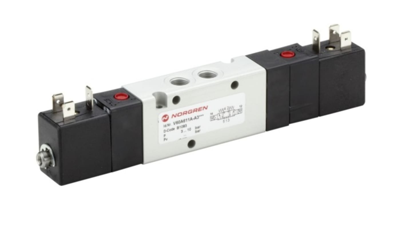 Electroválvula neumática Norgren, Serie V60, Rosca G 1/8, Función APB, Solenoide/Solenoide, En Línea, 500l/min