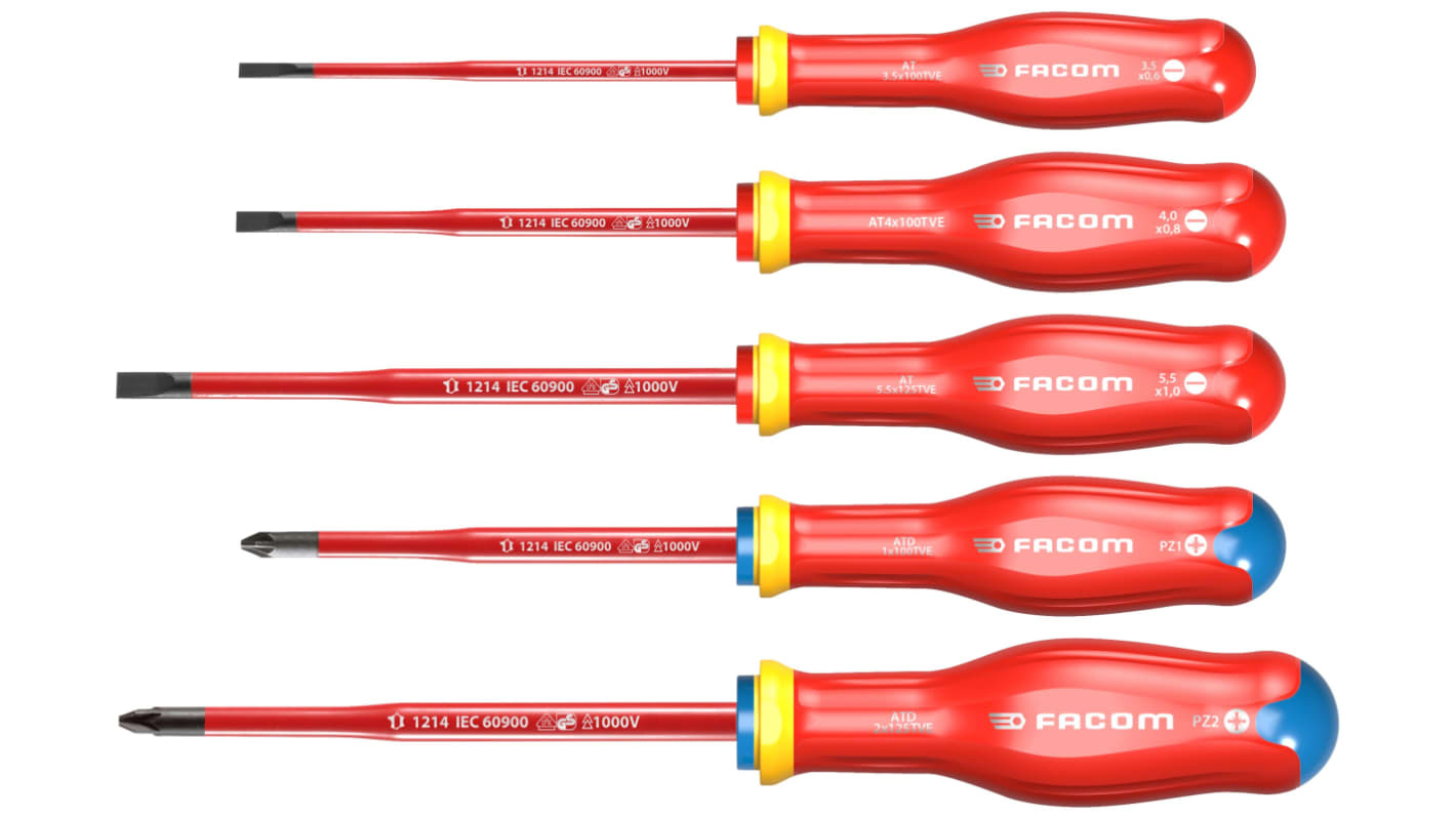 Facom Pozidriv Insulated Screwdriver, 3.5 mm, 4 mm, 5.5 mm Tip, VDE/1000V, 100 mm, 125 mm Overall