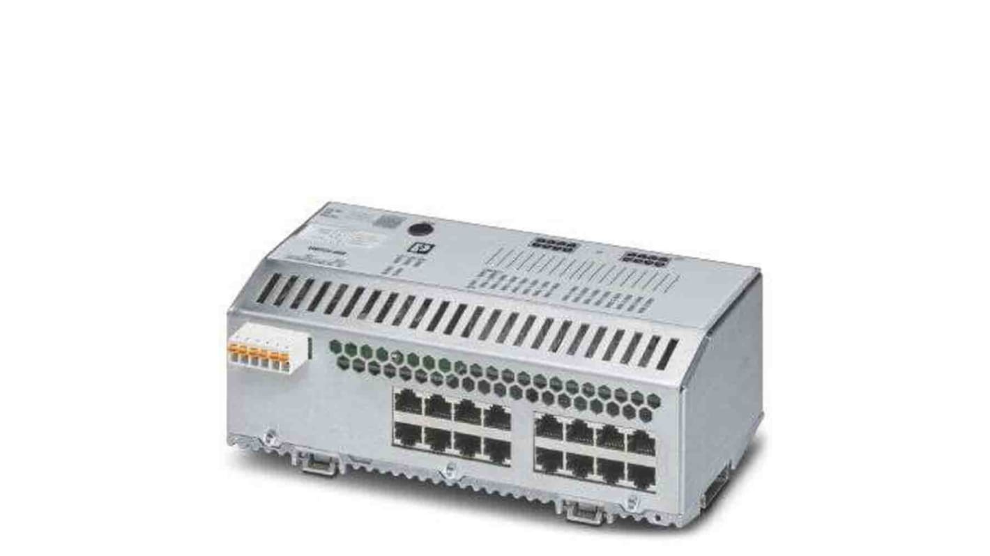 DIN Rail Mount Ethernet Switch, 16 RJ45 Ports, 1000Mbit/s Transmission, 24V dc