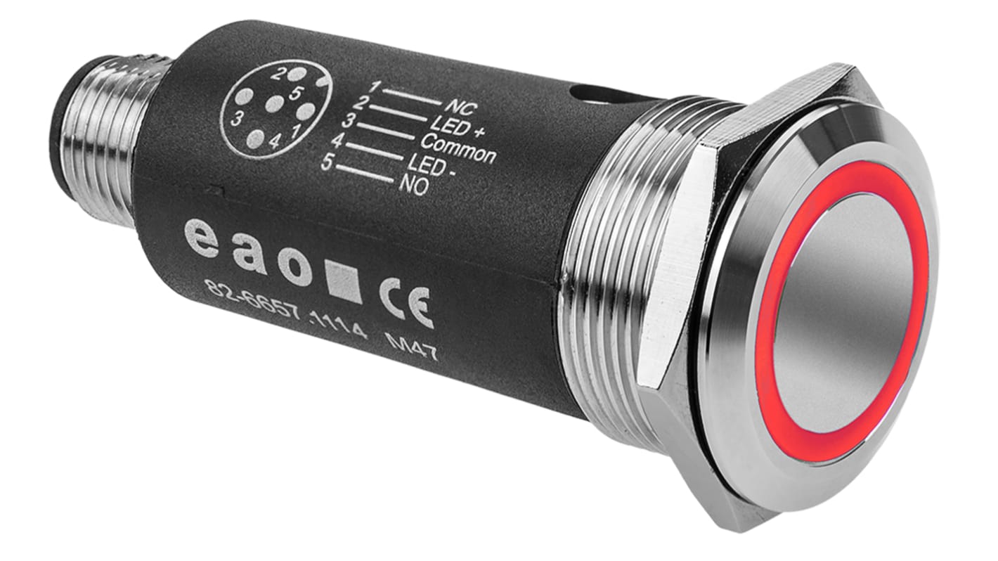 Interruptor de Botón Pulsador Iluminado EAO 82, color de botón Rojo, SPDT, acción momentánea, 0,5 A, 35V, Montaje en