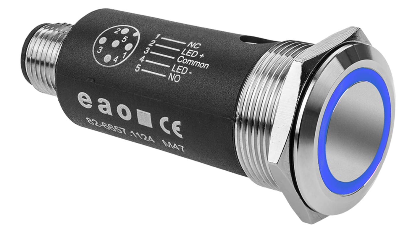 EAO 82 Series Illuminated Illuminated Push Button Switch, Momentary, Panel Mount, 22mm Cutout, SPDT, Blue LED, 35V,