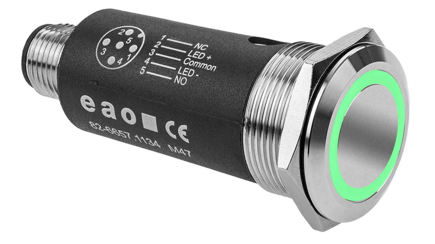 EAO 82 Series Illuminated Illuminated Push Button Switch, Momentary, Panel Mount, 22mm Cutout, SPDT, Green LED, 35V,