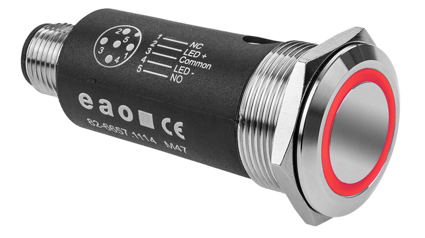 EAO 82 Series Illuminated Illuminated Push Button Switch, Latching, Panel Mount, 22mm Cutout, SPDT, Red LED, 35V, IP65,