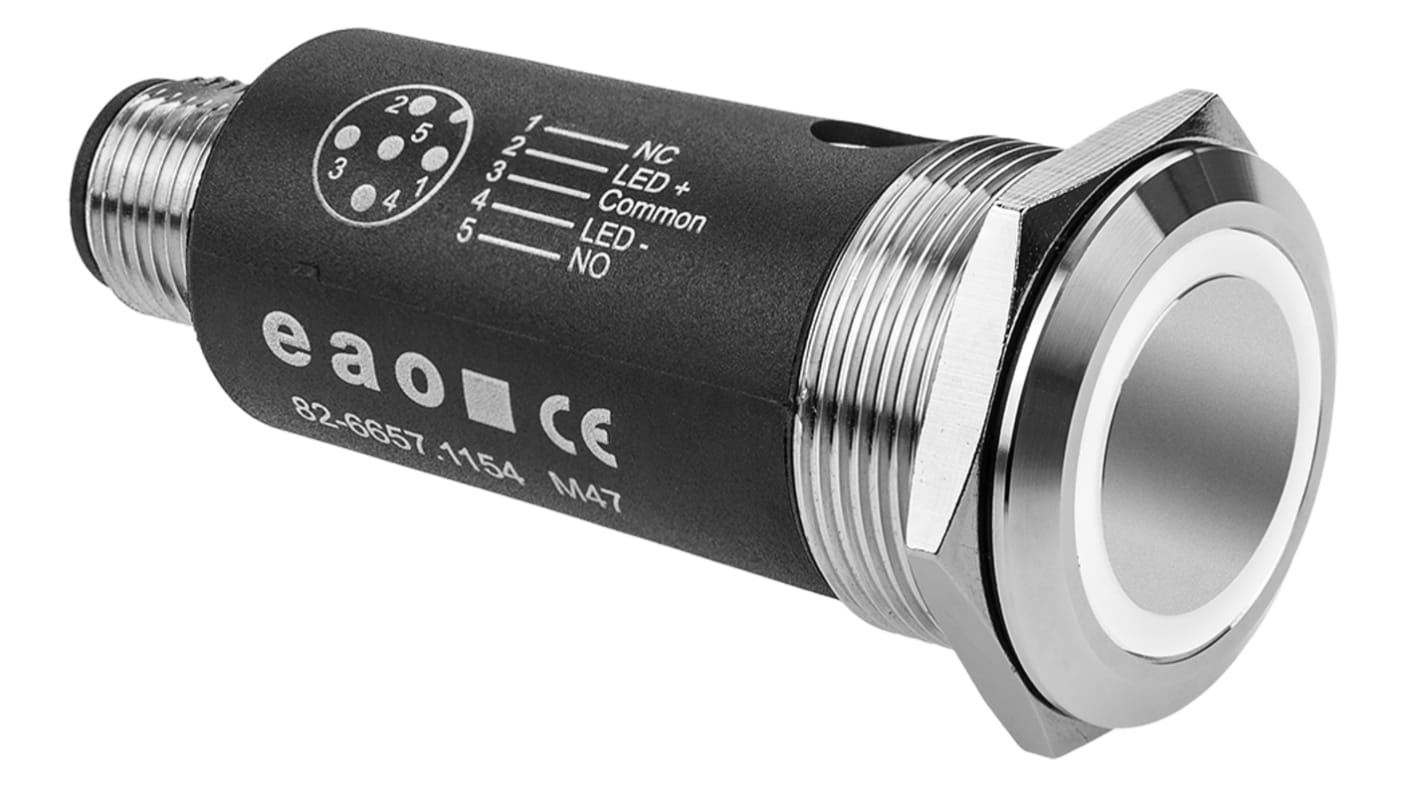 EAO 82 Series Illuminated Illuminated Push Button Switch, Latching, Panel Mount, 22mm Cutout, SPDT, White LED, 35V,