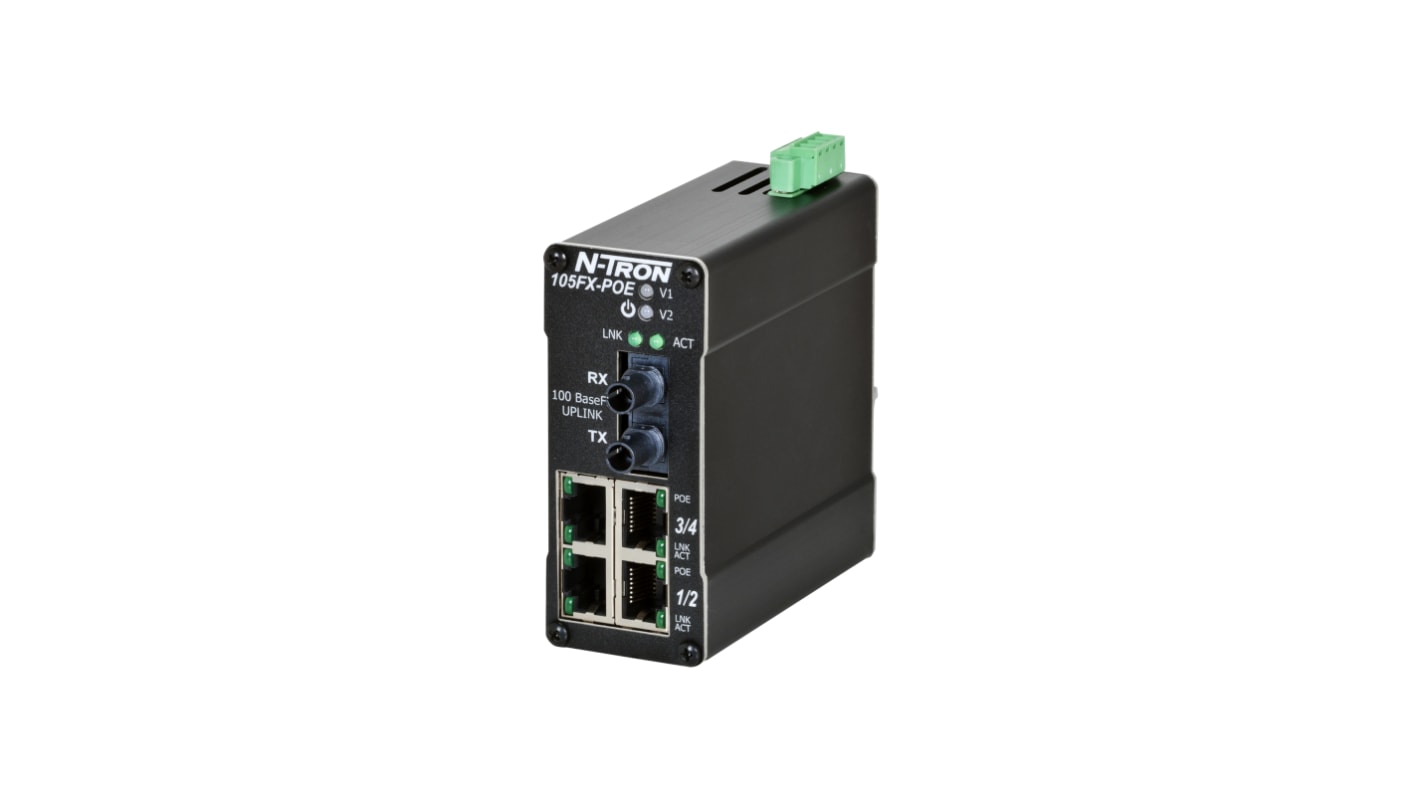 Red Lion 105FX Series DIN Rail Mount Unmanaged Ethernet Switch, 4 RJ45 Ports, 10 → 30V dc