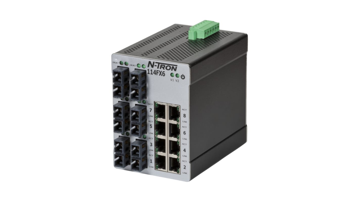 Red Lion 114FX6 Series DIN Rail Mount Ethernet Switch, 8 RJ45 Ports, 10 → 49V dc