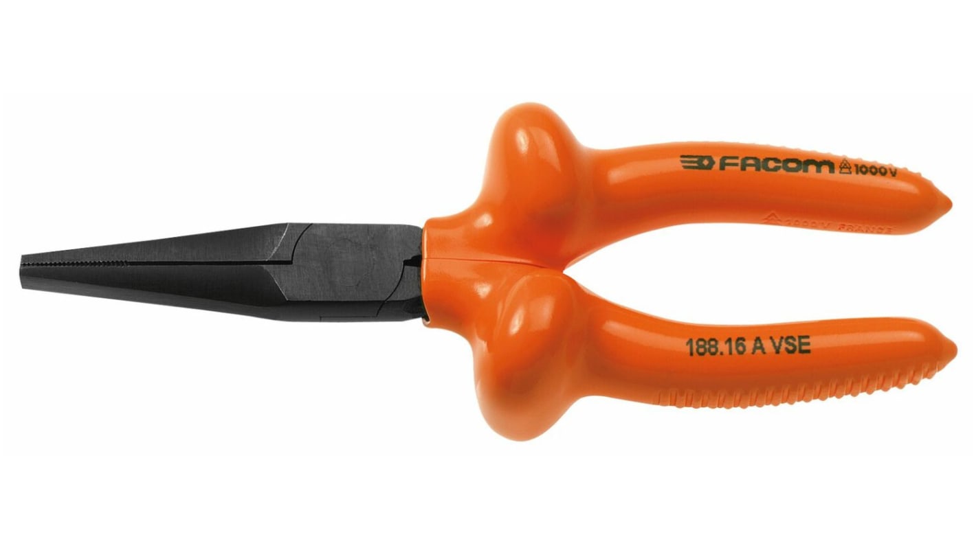 Facom Long Nose Pliers, 165 mm Overall, Straight Tip, 50mm Jaw