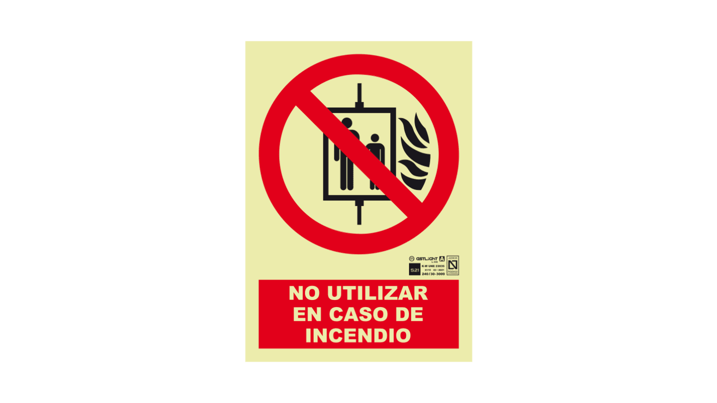 Señal de protección contra incendios, con pictograma: No utilizar el ascensor en caso de incendio, texto en Español :