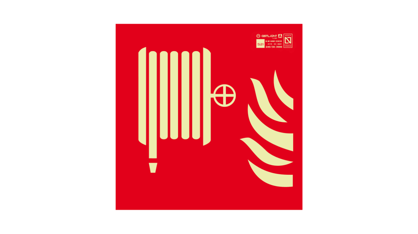 Señal de protección contra incendios, con pictograma: Manguera para incendios, texto en Español, 210mm x 210 mm