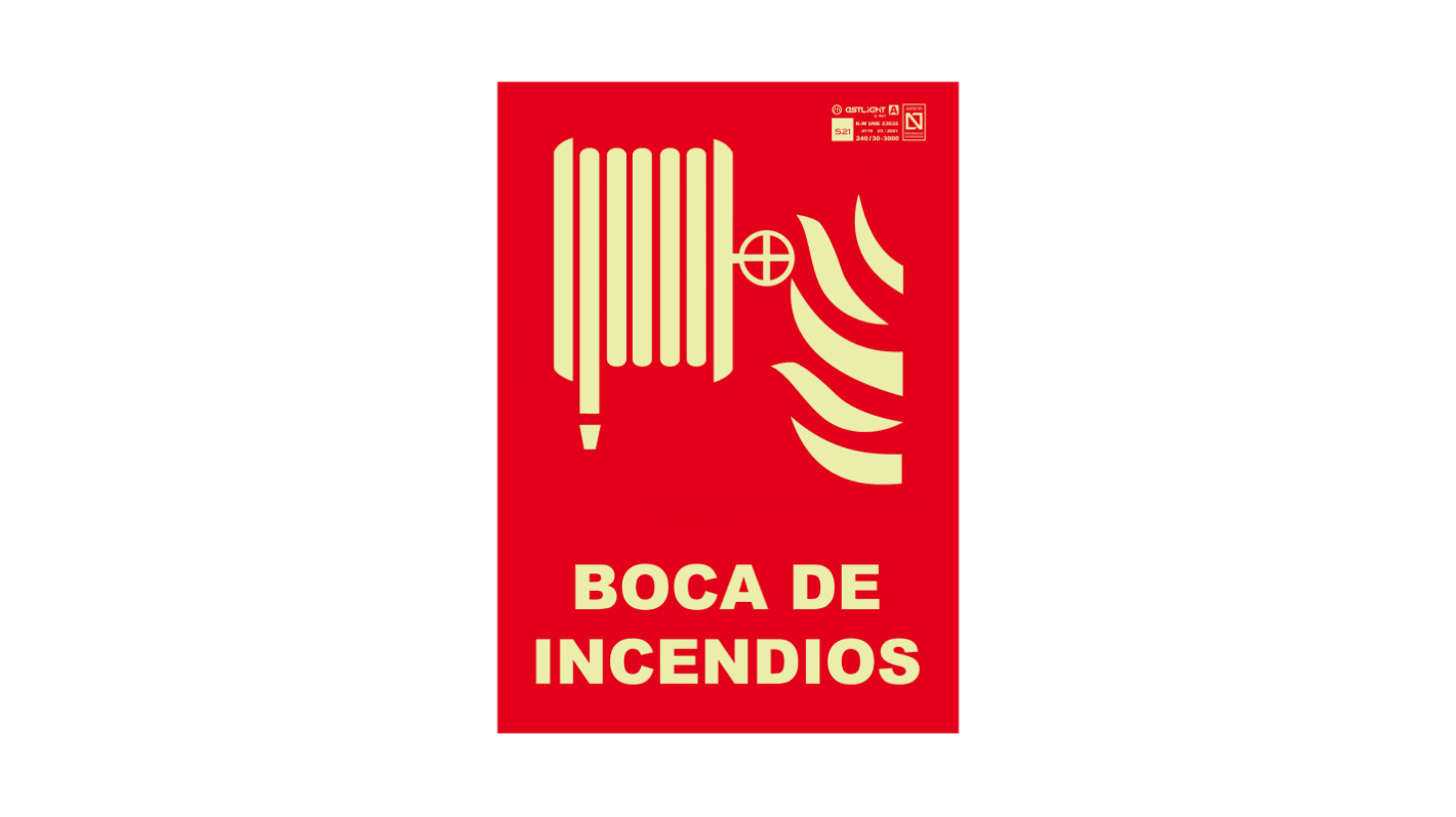 Señal de protección contra incendios, con pictograma: Manguera para incendios, texto en Español : BOCA DE INCENDIOS,