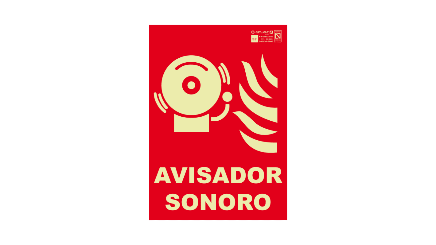 Señal de protección contra incendios, con pictograma: Alarma contra Incendios, texto en Español : AVISADOR SONORO,